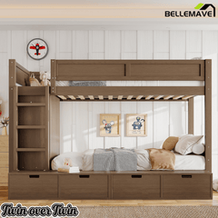 Bellemave® Twin Over Twin Bunk Bed with Storage Drawers,Solid Wood Bunk Bed with Built - in Wardrobe,Storage Shelf and Safety Guardrails for Kids Girls Boys,Beige & Natural - Bellemave