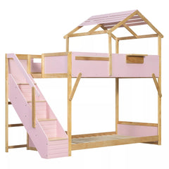 Bellemave® Twin Over Twin & Full Over Full House Bunk Bed with Stairs and 3-Color LED Lights for Kids and Teens - Bellemave