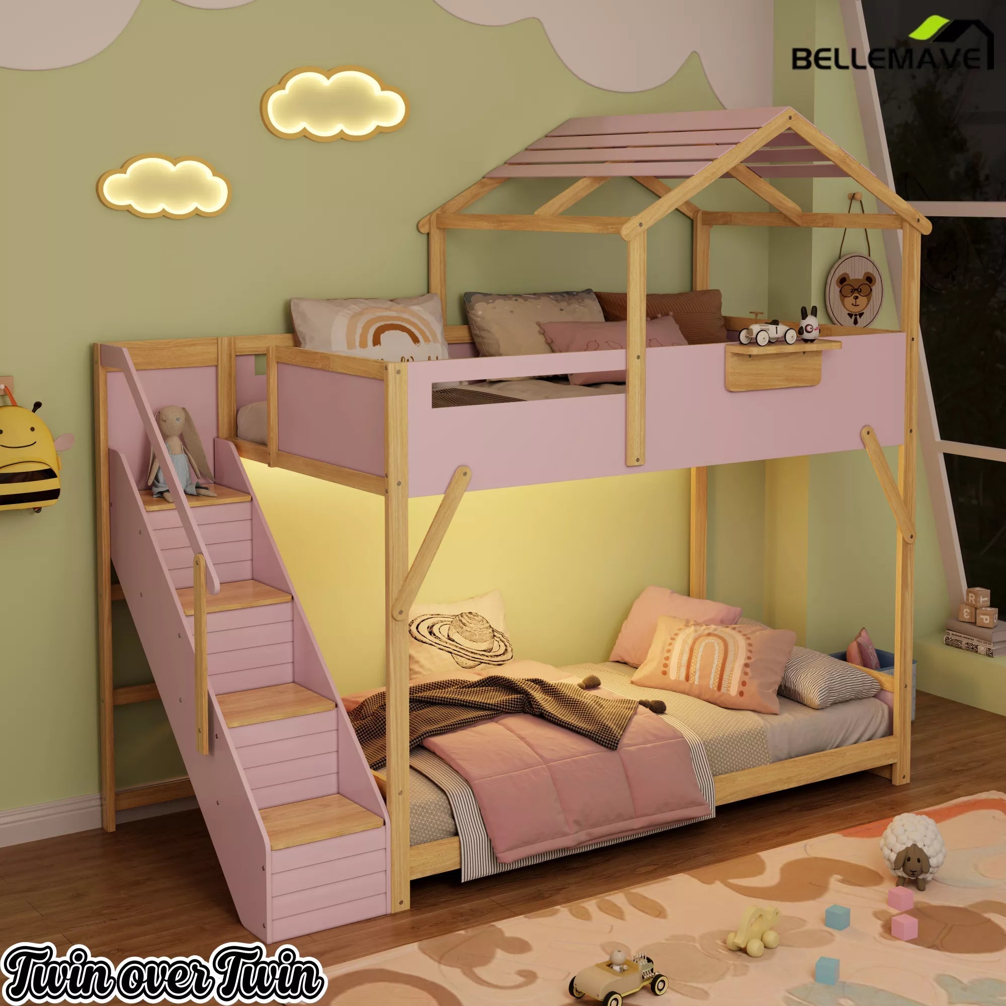 Bellemave® Twin Over Twin & Full Over Full House Bunk Bed with Stairs and 3-Color LED Lights for Kids and Teens - Bellemave