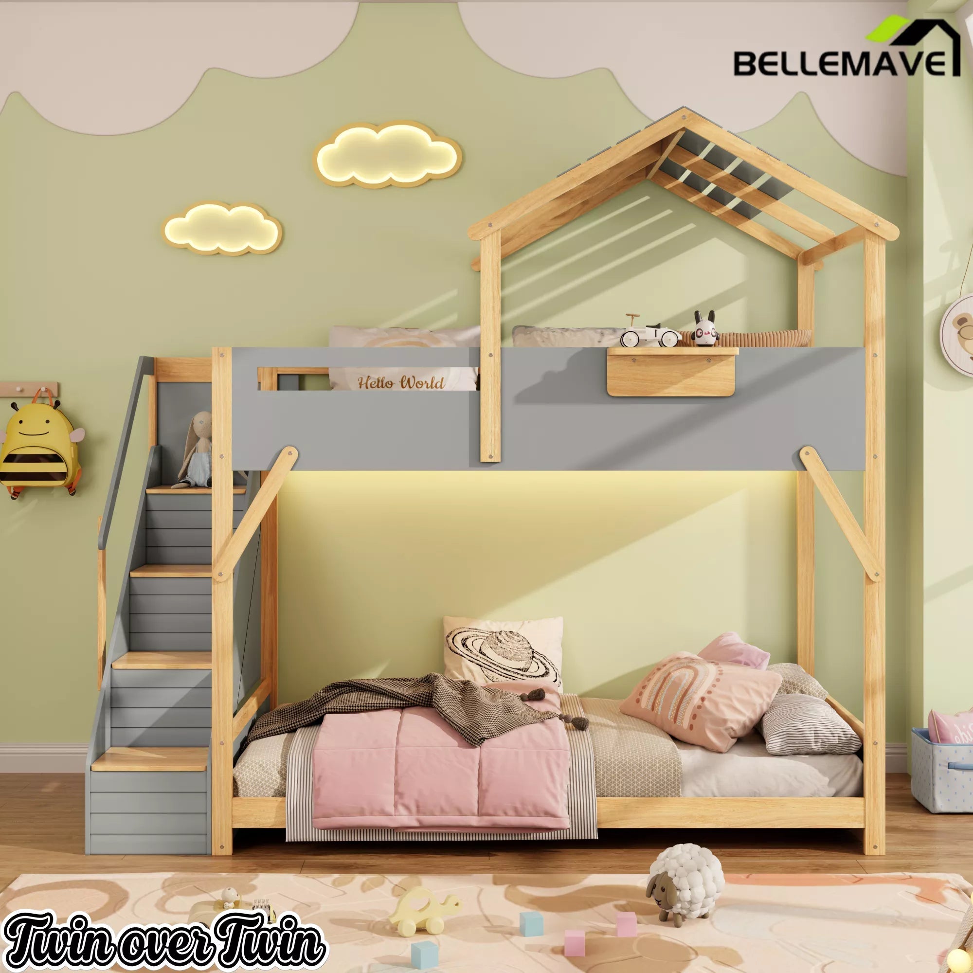 Bellemave® Twin Over Twin & Full Over Full House Bunk Bed with Stairs and 3-Color LED Lights for Kids and Teens - Bellemave