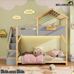 Bellemave® Twin Over Twin & Full Over Full House Bunk Bed with Stairs and 3-Color LED Lights for Kids and Teens - Bellemave