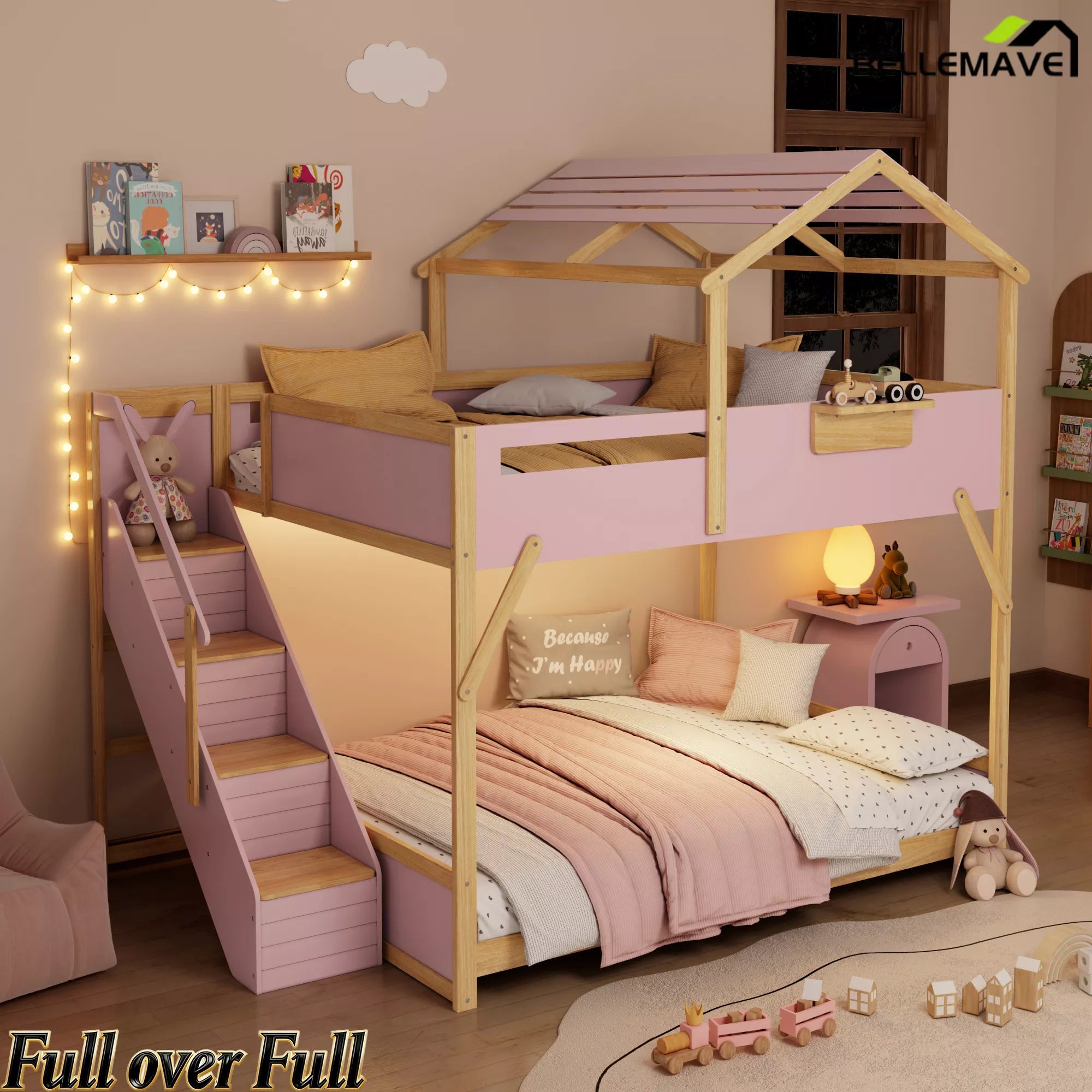 Bellemave® Twin Over Twin & Full Over Full House Bunk Bed with Stairs and 3-Color LED Lights for Kids and Teens - Bellemave