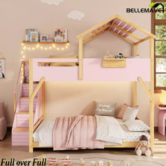 Bellemave® Twin Over Twin & Full Over Full House Bunk Bed with Stairs and 3-Color LED Lights for Kids and Teens - Bellemave