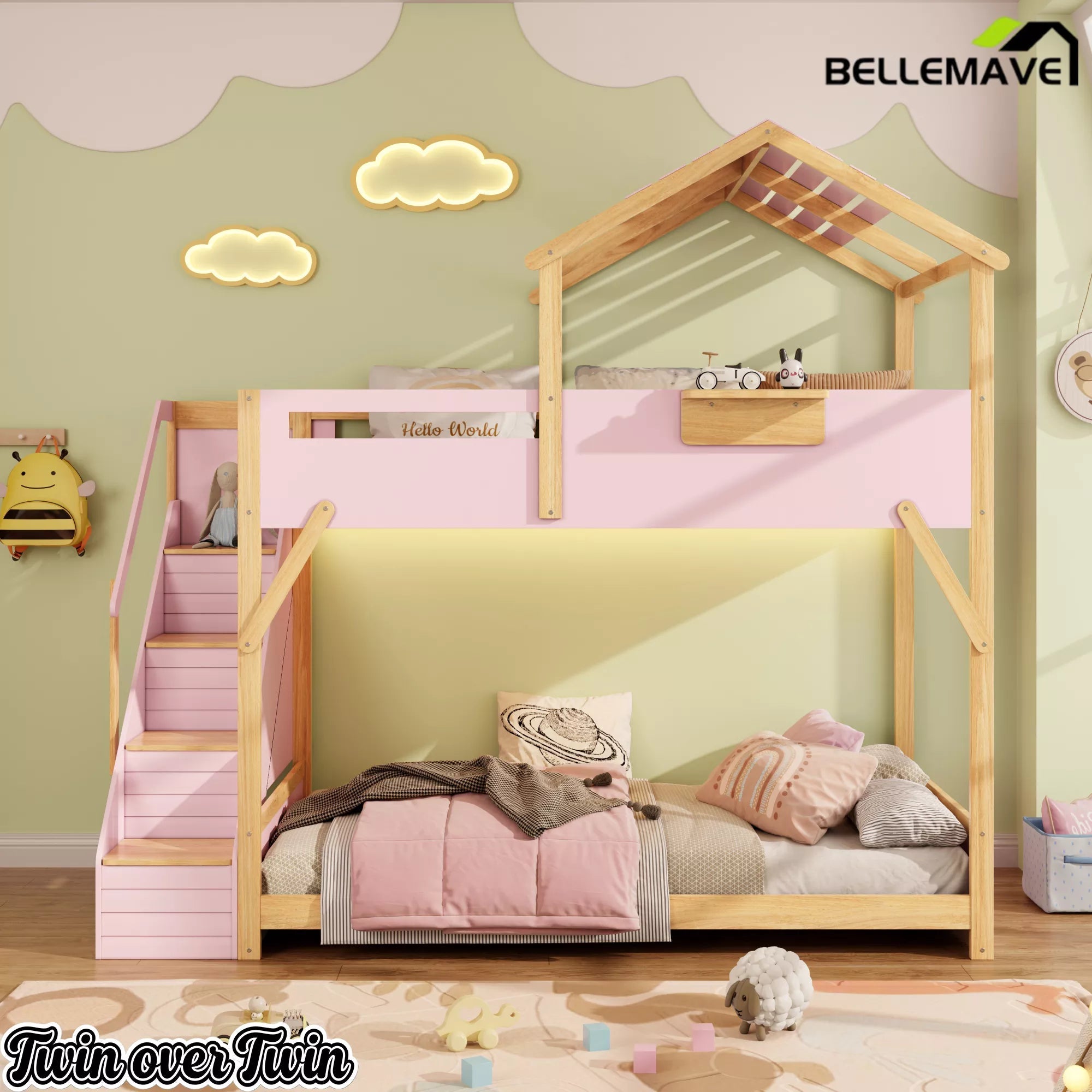 Bellemave® Twin Over Twin & Full Over Full House Bunk Bed with Stairs and 3-Color LED Lights for Kids and Teens - Bellemave