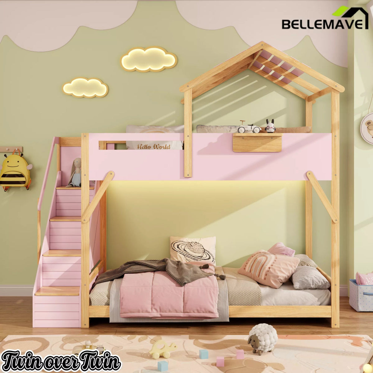 Bellemave® Twin Over Twin & Full Over Full House Bunk Bed with Stairs and 3-Color LED Lights for Kids and Teens - Bellemave