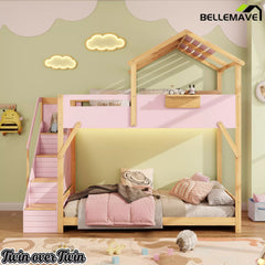 Bellemave® Twin Over Twin & Full Over Full House Bunk Bed with Stairs and 3-Color LED Lights for Kids and Teens - Bellemave