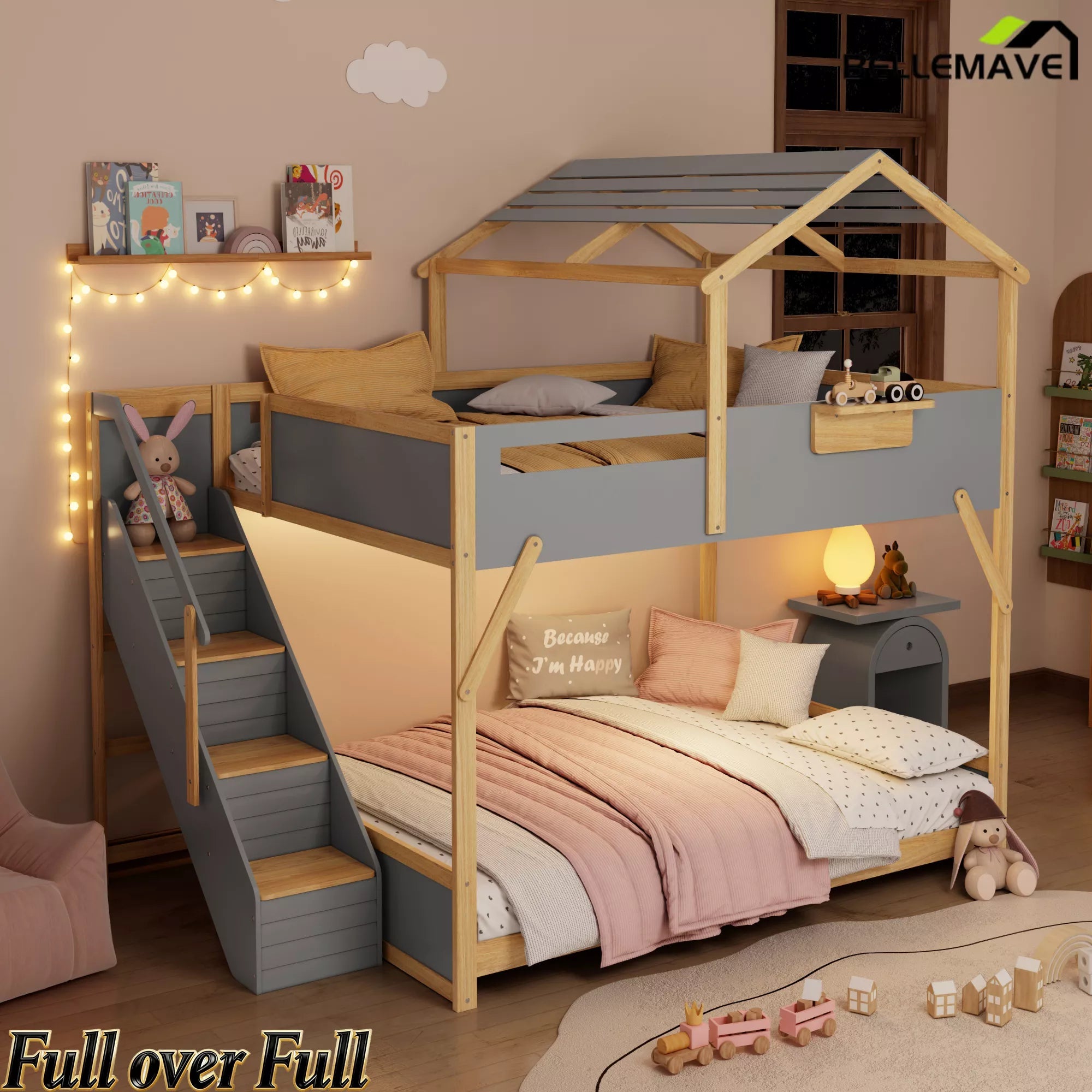 Bellemave® Twin Over Twin & Full Over Full House Bunk Bed with Stairs and 3-Color LED Lights for Kids and Teens - Bellemave