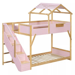 Bellemave® Twin Over Twin & Full Over Full House Bunk Bed with Stairs and 3-Color LED Lights for Kids and Teens - Bellemave
