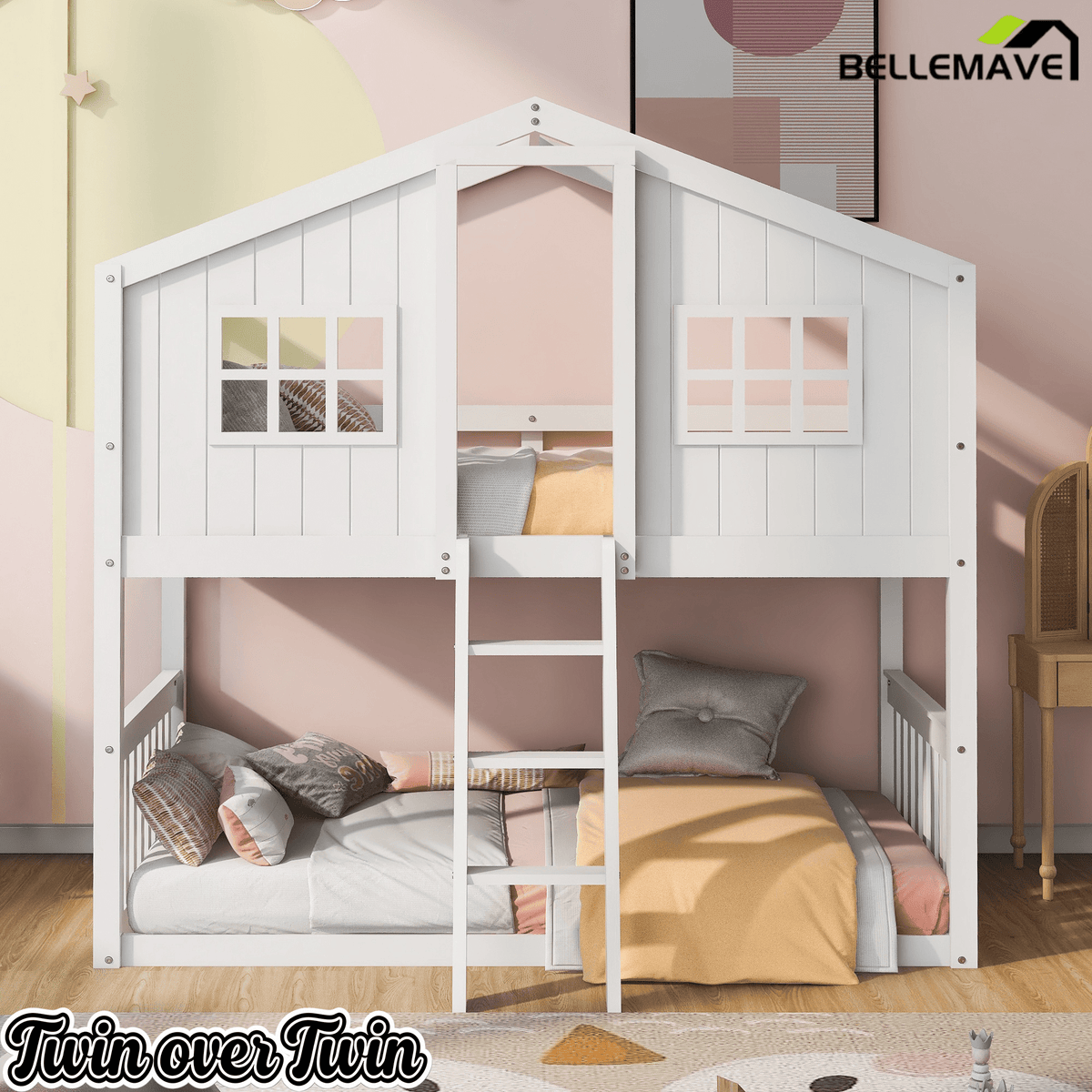 Bellemave® Twin Over Twin House Bunk Bed with Ladder, Solid Pine Wood Loft Bed for Kids, Fun Playhouse Design with Roof & Window - Bellemave