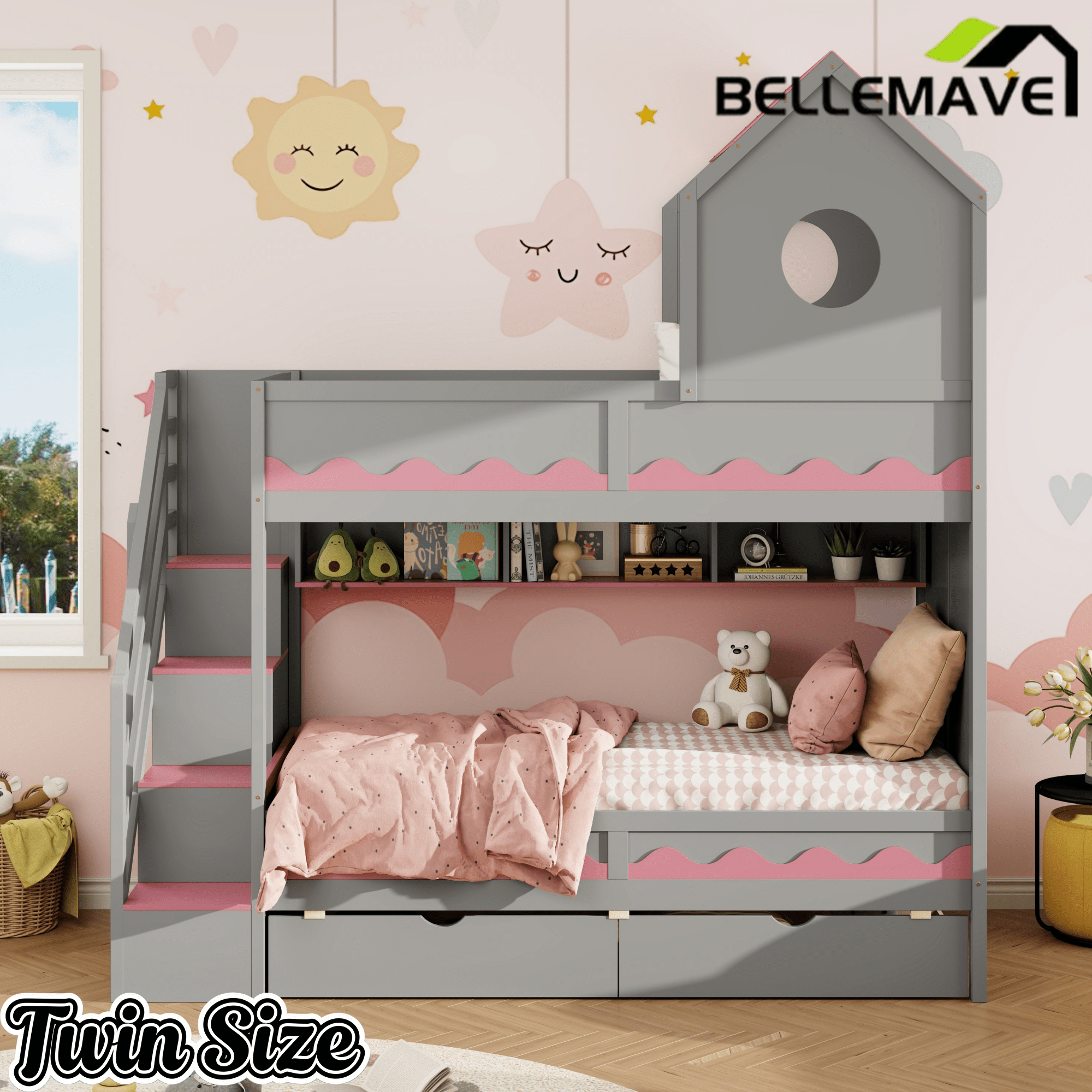 Bellemave® Twin Over Twin House Bunk Bed with Stairs, Storage Drawers, Solid Wood Frame with Roof & Hidden Storage Space Underneath - Bellemave