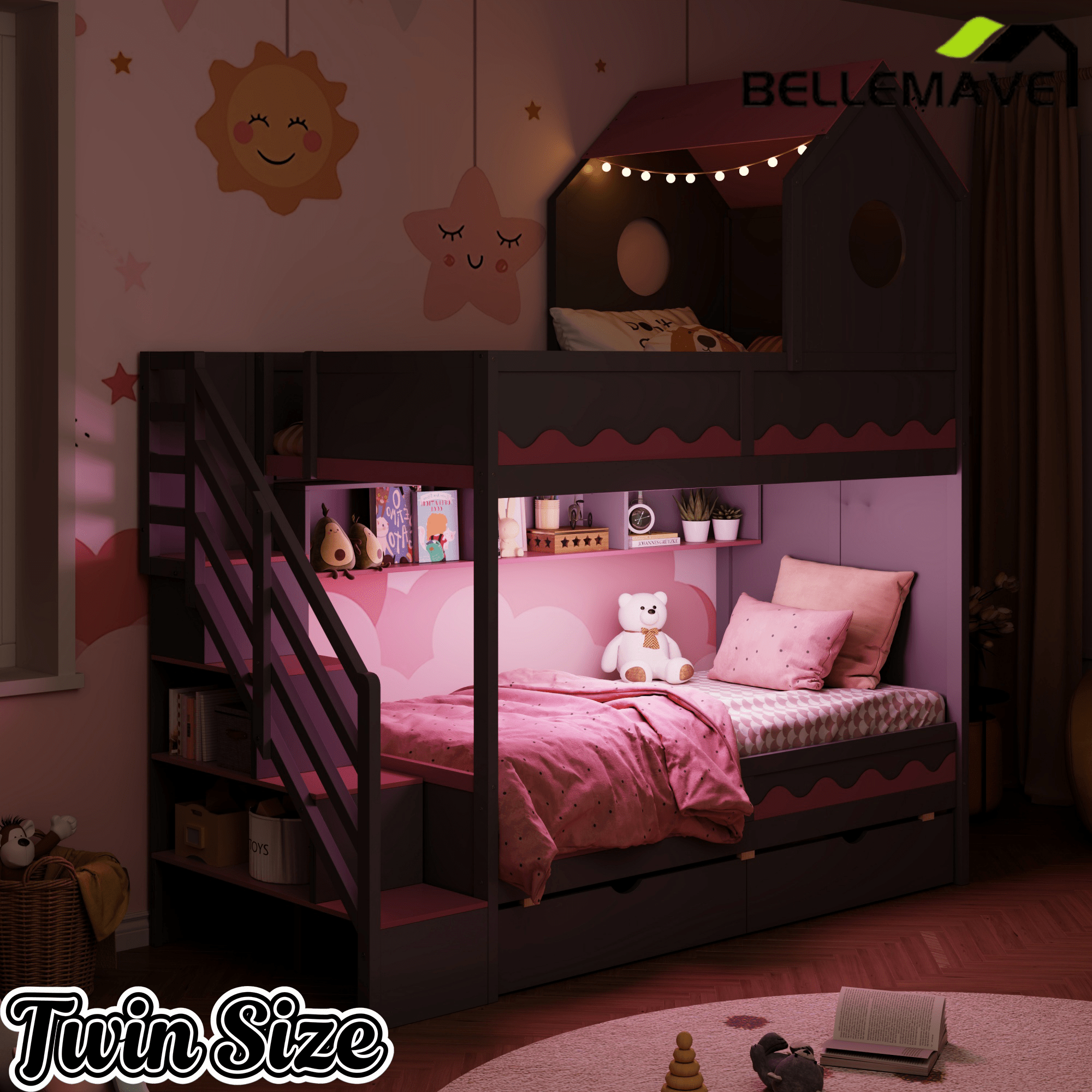 Bellemave® Twin Over Twin House Bunk Bed with Stairs, Storage Drawers, Solid Wood Frame with Roof & Hidden Storage Space Underneath - Bellemave