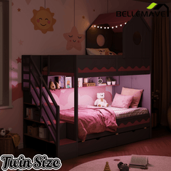 Bellemave® Twin Over Twin House Bunk Bed with Stairs, Storage Drawers, Solid Wood Frame with Roof & Hidden Storage Space Underneath - Bellemave