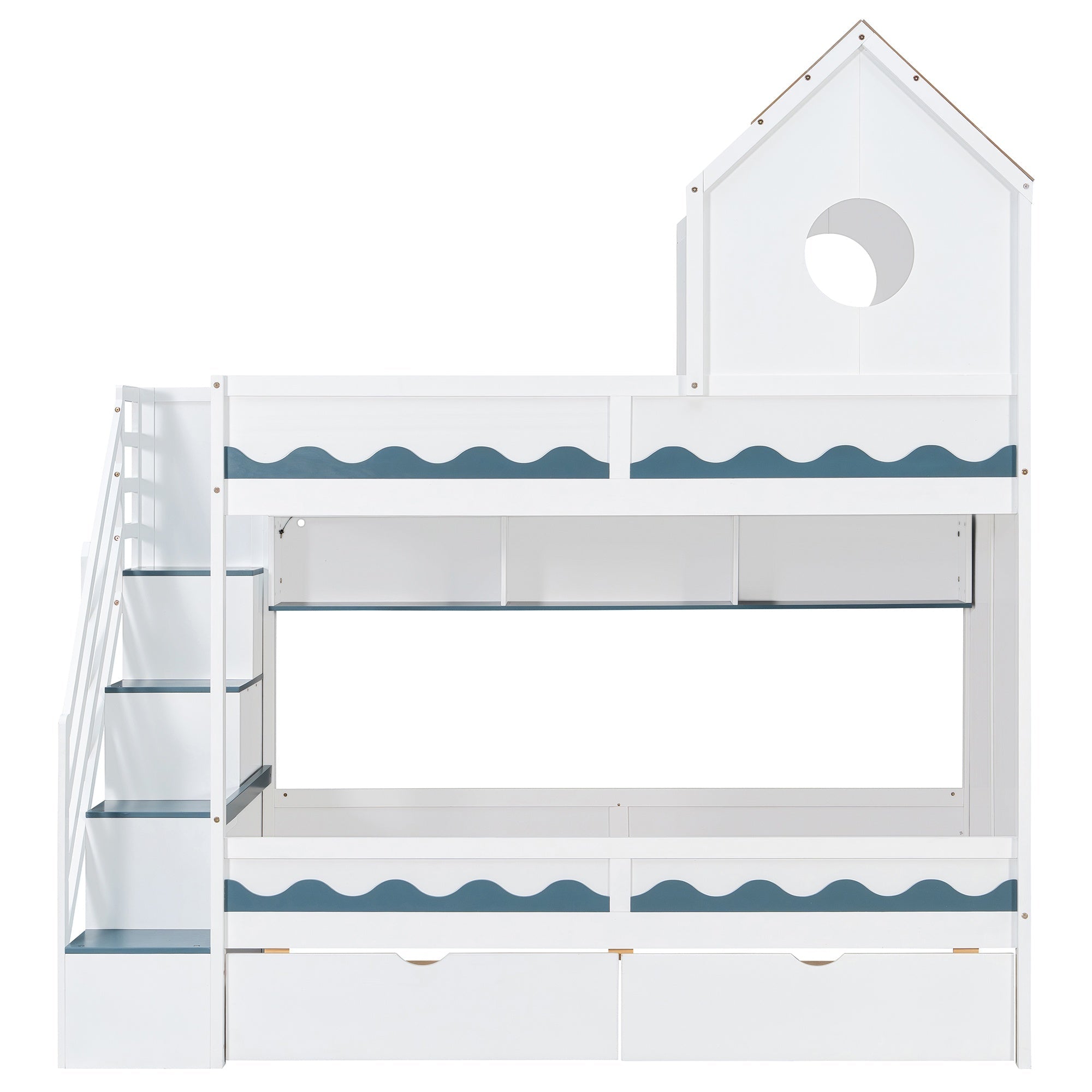Bellemave® Twin Over Twin House Bunk Bed with Stairs, Storage Drawers, Solid Wood Frame with Roof & Hidden Storage Space Underneath - Bellemave