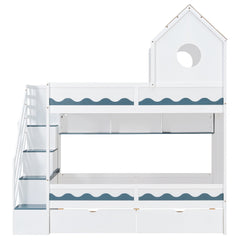 Bellemave® Twin Over Twin House Bunk Bed with Stairs, Storage Drawers, Solid Wood Frame with Roof & Hidden Storage Space Underneath - Bellemave