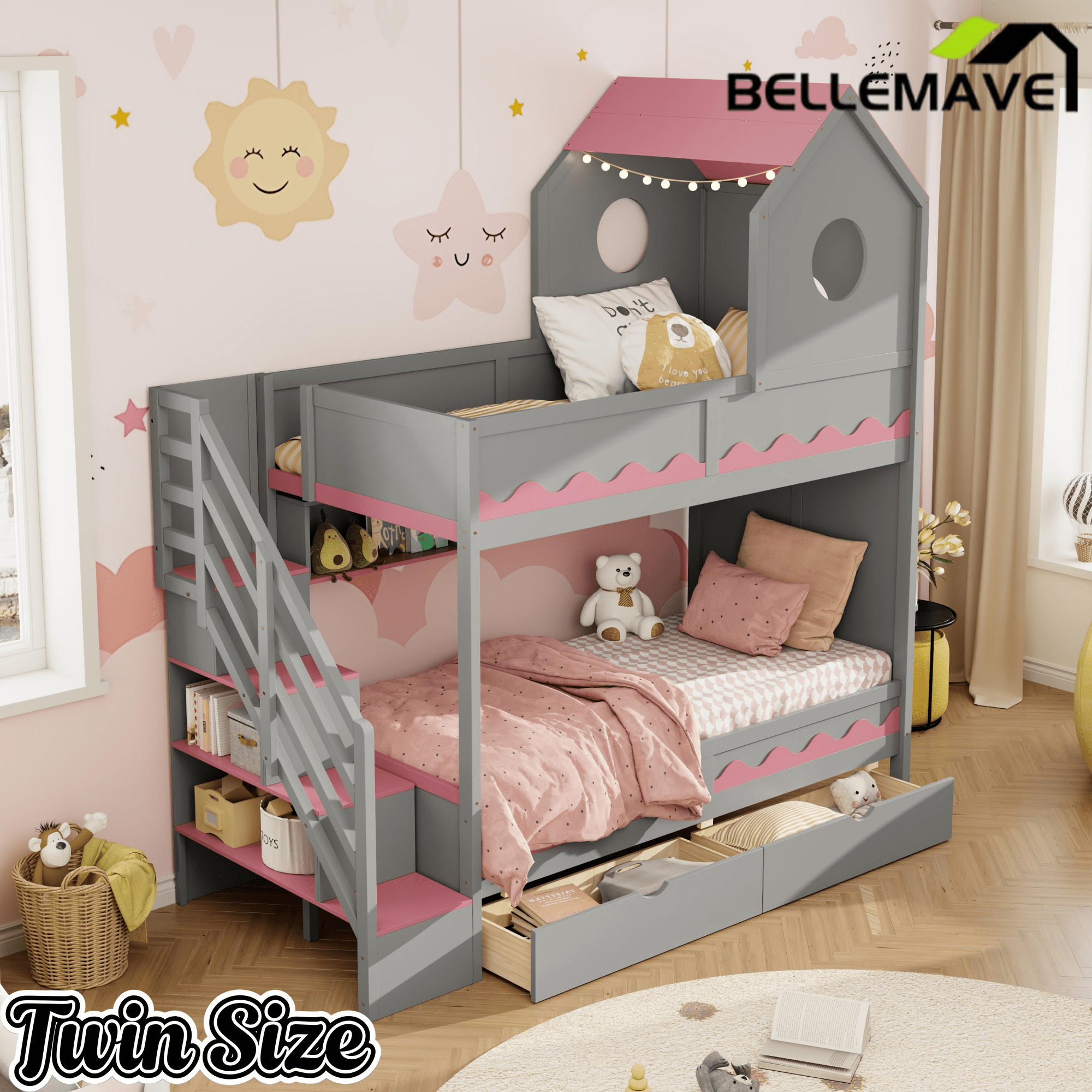 Bellemave® Twin Over Twin House Bunk Bed with Stairs, Storage Drawers, Solid Wood Frame with Roof & Hidden Storage Space Underneath - Bellemave