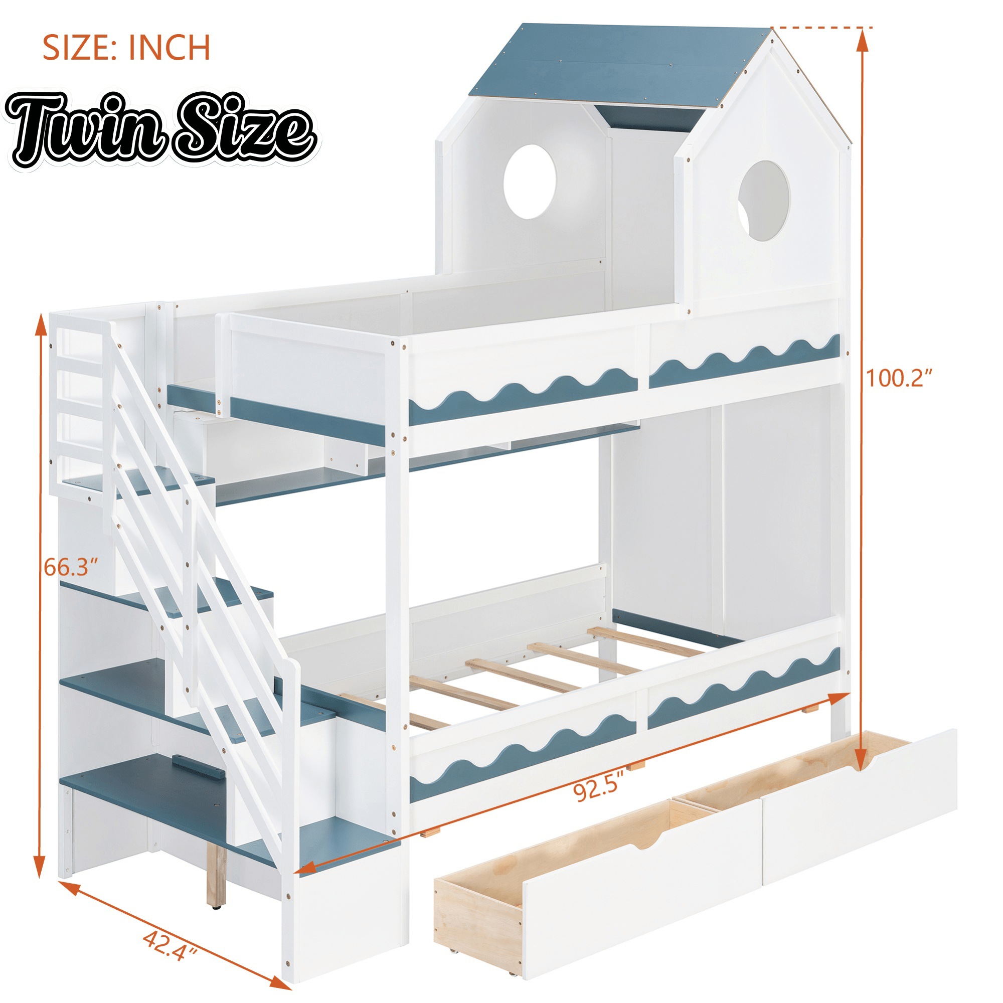 Bellemave® Twin Over Twin House Bunk Bed with Stairs, Storage Drawers, Solid Wood Frame with Roof & Hidden Storage Space Underneath - Bellemave
