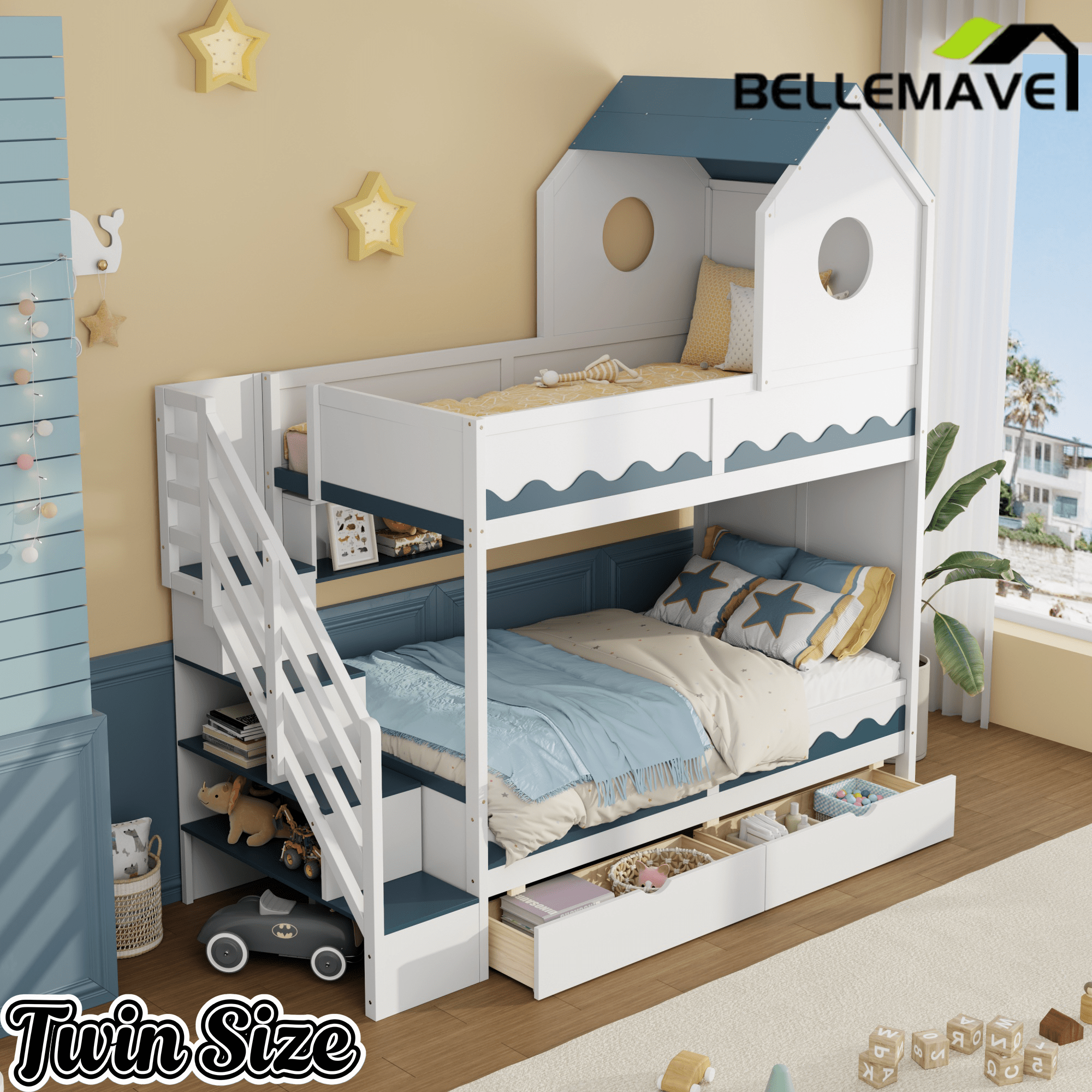Bellemave® Twin Over Twin House Bunk Bed with Stairs, Storage Drawers, Solid Wood Frame with Roof & Hidden Storage Space Underneath - Bellemave