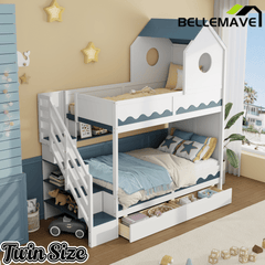 Bellemave® Twin Over Twin House Bunk Bed with Stairs, Storage Drawers, Solid Wood Frame with Roof & Hidden Storage Space Underneath - Bellemave