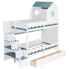 Bellemave® Twin Over Twin House Bunk Bed with Stairs, Storage Drawers, Solid Wood Frame with Roof & Hidden Storage Space Underneath - Bellemave