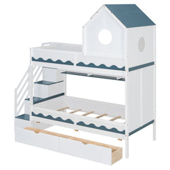 Bellemave® Twin Over Twin House Bunk Bed with Stairs, Storage Drawers, Solid Wood Frame with Roof & Hidden Storage Space Underneath - Bellemave
