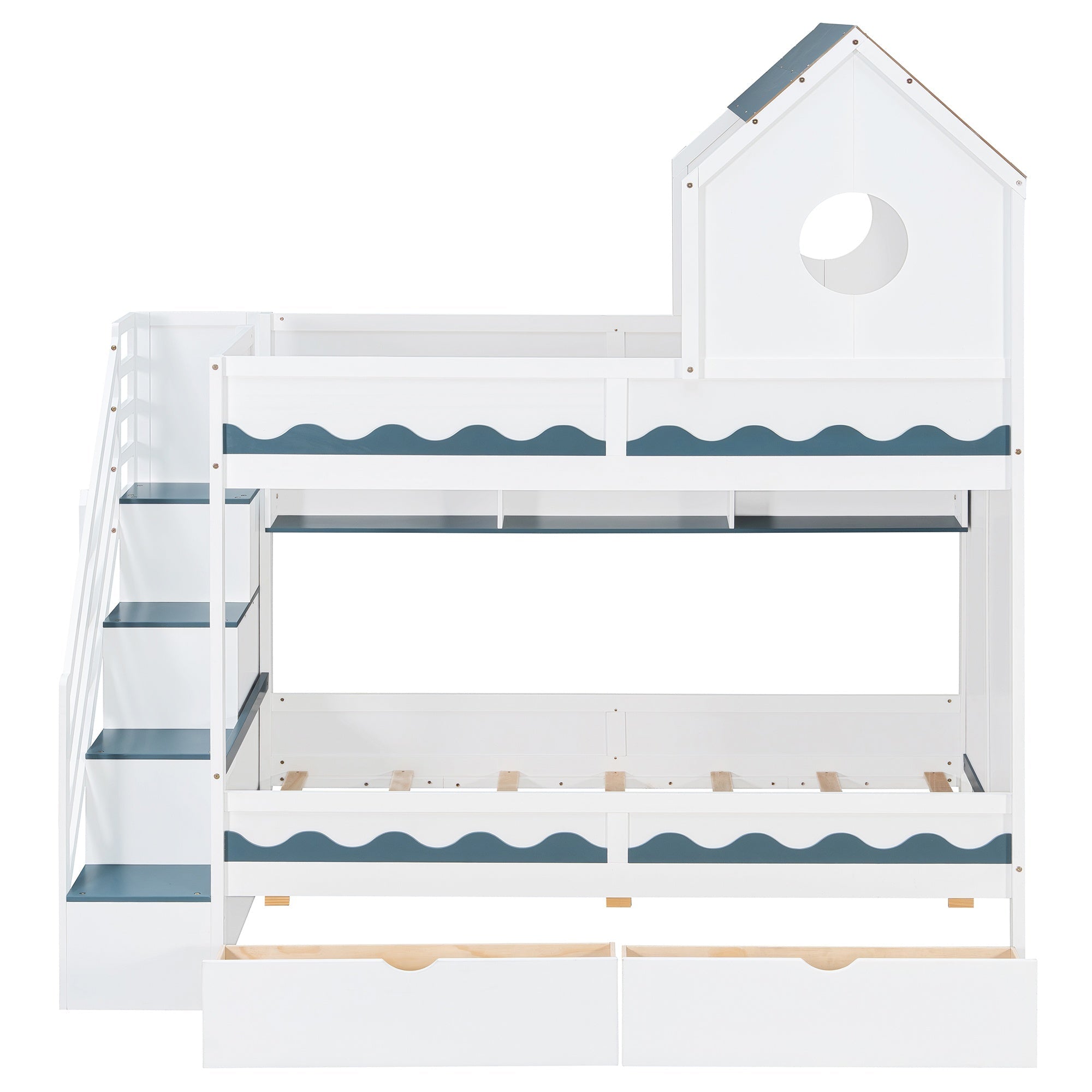 Bellemave® Twin Over Twin House Bunk Bed with Stairs, Storage Drawers, Solid Wood Frame with Roof & Hidden Storage Space Underneath - Bellemave