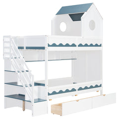 Bellemave® Twin Over Twin House Bunk Bed with Stairs, Storage Drawers, Solid Wood Frame with Roof & Hidden Storage Space Underneath - Bellemave