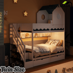 Bellemave® Twin Over Twin House Bunk Bed with Stairs, Storage Drawers, Solid Wood Frame with Roof & Hidden Storage Space Underneath - Bellemave