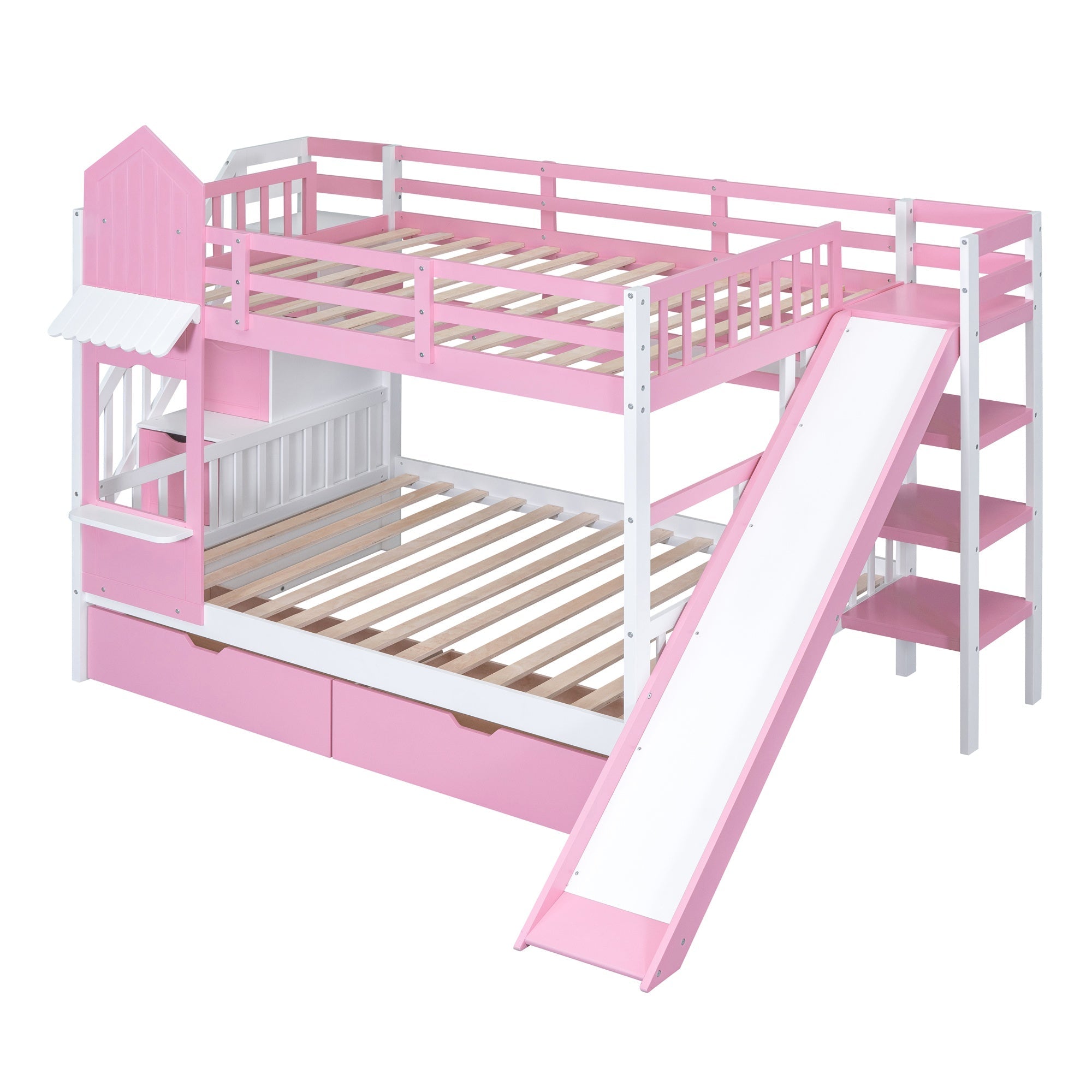 Bellemave® Twin Over Twin Kids Bunk Bed with Slide & Storage Stairs, Wooden Castle Bunk Bed with 2 Drawers and 3 Shelves for Kids Girls Boys - Bellemave
