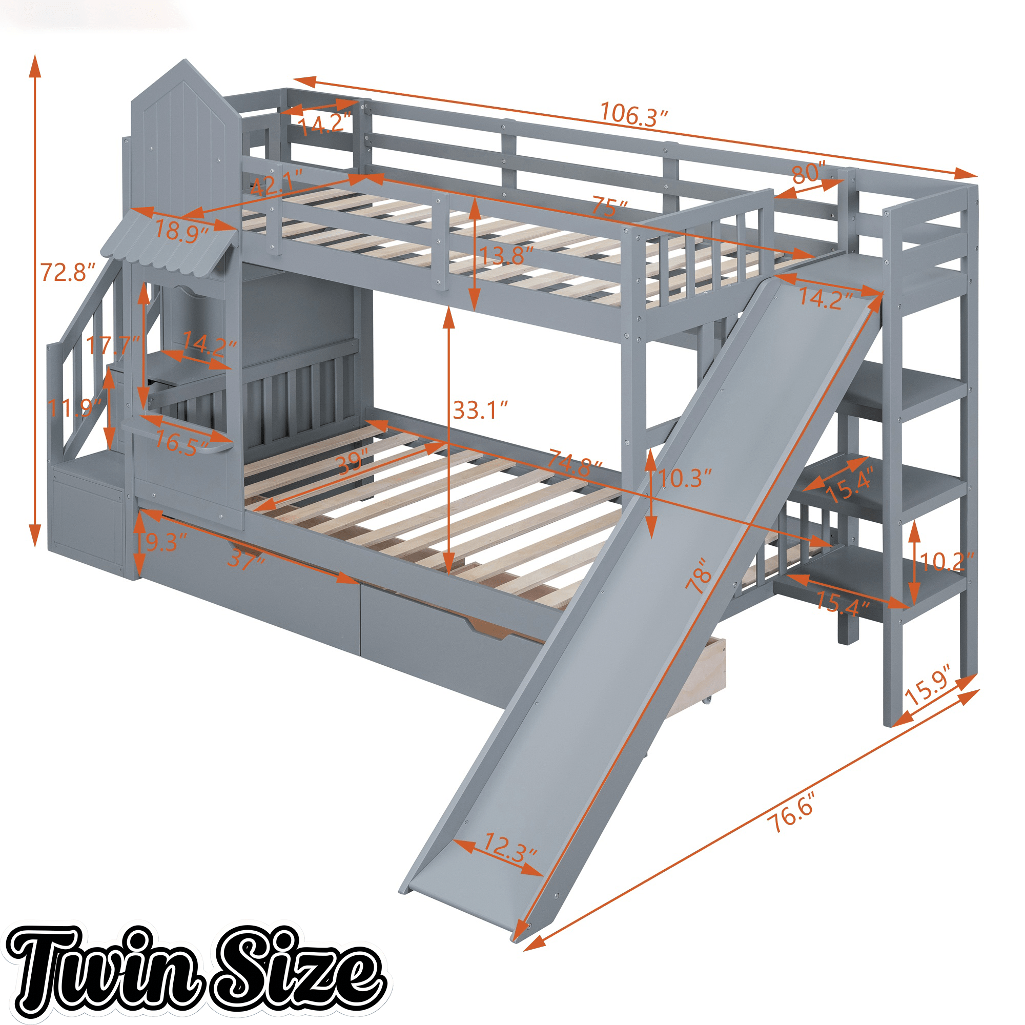 Bellemave® Twin Over Twin Kids Bunk Bed with Slide & Storage Stairs, Wooden Castle Bunk Bed with 2 Drawers and 3 Shelves for Kids Girls Boys - Bellemave
