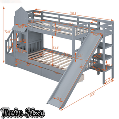 Bellemave® Twin Over Twin Kids Bunk Bed with Slide & Storage Stairs, Wooden Castle Bunk Bed with 2 Drawers and 3 Shelves for Kids Girls Boys - Bellemave