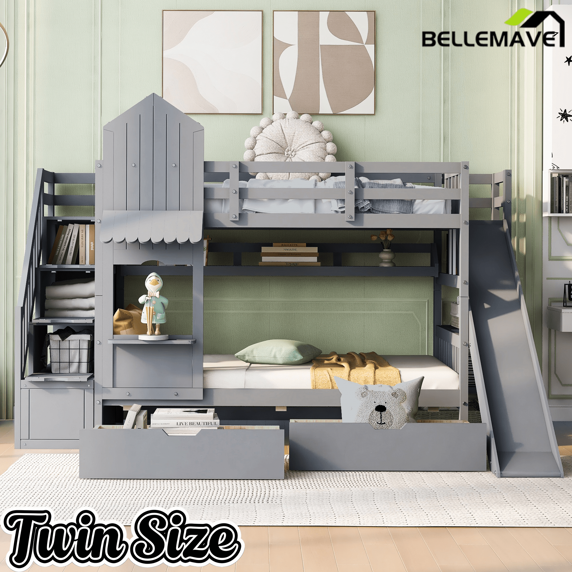 Bellemave® Twin Over Twin Kids Bunk Bed with Slide & Storage Stairs, Wooden Castle Bunk Bed with 2 Drawers and 3 Shelves for Kids Girls Boys - Bellemave