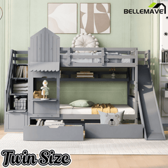 Bellemave® Twin Over Twin Kids Bunk Bed with Slide & Storage Stairs, Wooden Castle Bunk Bed with 2 Drawers and 3 Shelves for Kids Girls Boys - Bellemave