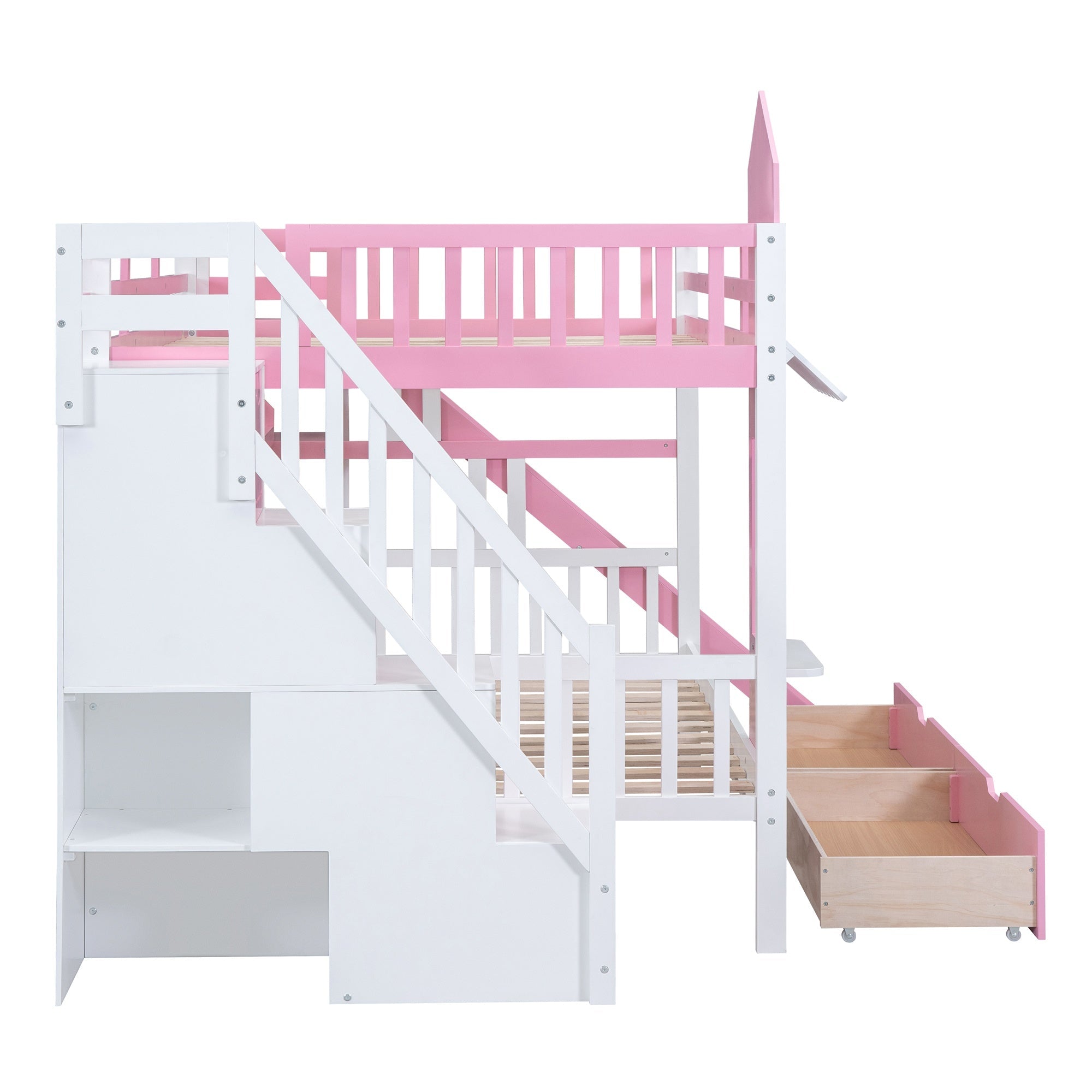 Bellemave® Twin Over Twin Kids Bunk Bed with Slide & Storage Stairs, Wooden Castle Bunk Bed with 2 Drawers and 3 Shelves for Kids Girls Boys - Bellemave