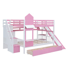 Bellemave® Twin Over Twin Kids Bunk Bed with Slide & Storage Stairs, Wooden Castle Bunk Bed with 2 Drawers and 3 Shelves for Kids Girls Boys - Bellemave