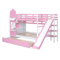 Bellemave® Twin Over Twin Kids Bunk Bed with Slide & Storage Stairs, Wooden Castle Bunk Bed with 2 Drawers and 3 Shelves for Kids Girls Boys - Bellemave