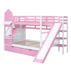 Bellemave® Twin Over Twin Kids Bunk Bed with Slide & Storage Stairs, Wooden Castle Bunk Bed with 2 Drawers and 3 Shelves for Kids Girls Boys - Bellemave