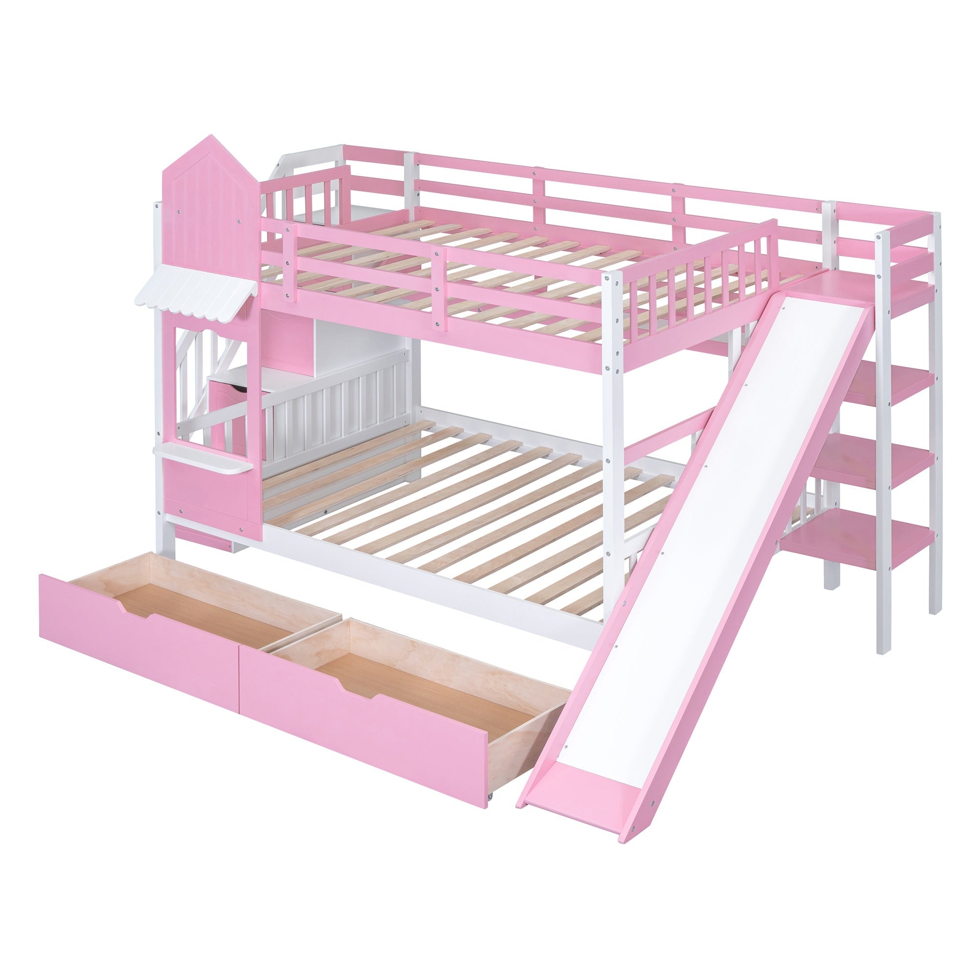 Bellemave® Twin Over Twin Kids Bunk Bed with Slide & Storage Stairs, Wooden Castle Bunk Bed with 2 Drawers and 3 Shelves for Kids Girls Boys - Bellemave