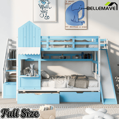 Bellemave® Twin Over Twin Kids Bunk Bed with Slide & Storage Stairs, Wooden Castle Bunk Bed with 2 Drawers and 3 Shelves for Kids Girls Boys - Bellemave