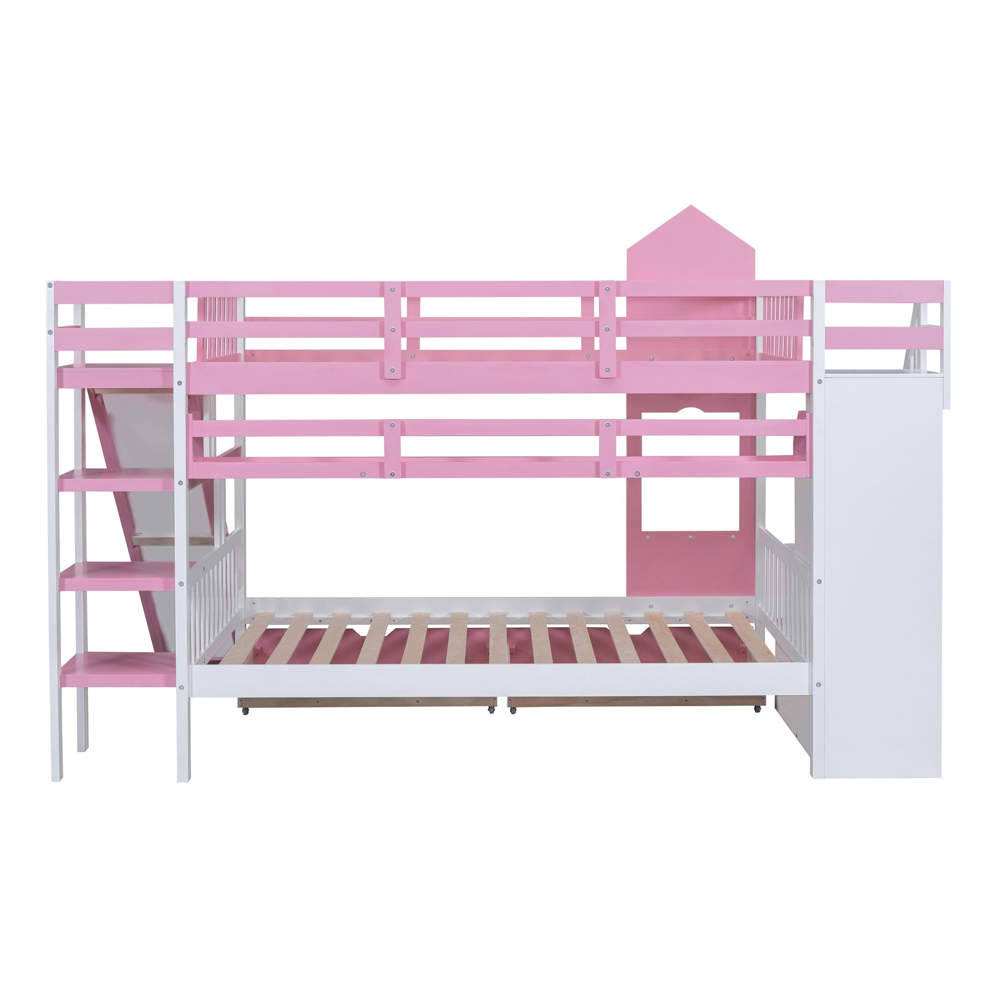 Bellemave® Twin Over Twin Kids Bunk Bed with Slide & Storage Stairs, Wooden Castle Bunk Bed with 2 Drawers and 3 Shelves for Kids Girls Boys - Bellemave