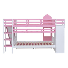 Bellemave® Twin Over Twin Kids Bunk Bed with Slide & Storage Stairs, Wooden Castle Bunk Bed with 2 Drawers and 3 Shelves for Kids Girls Boys - Bellemave