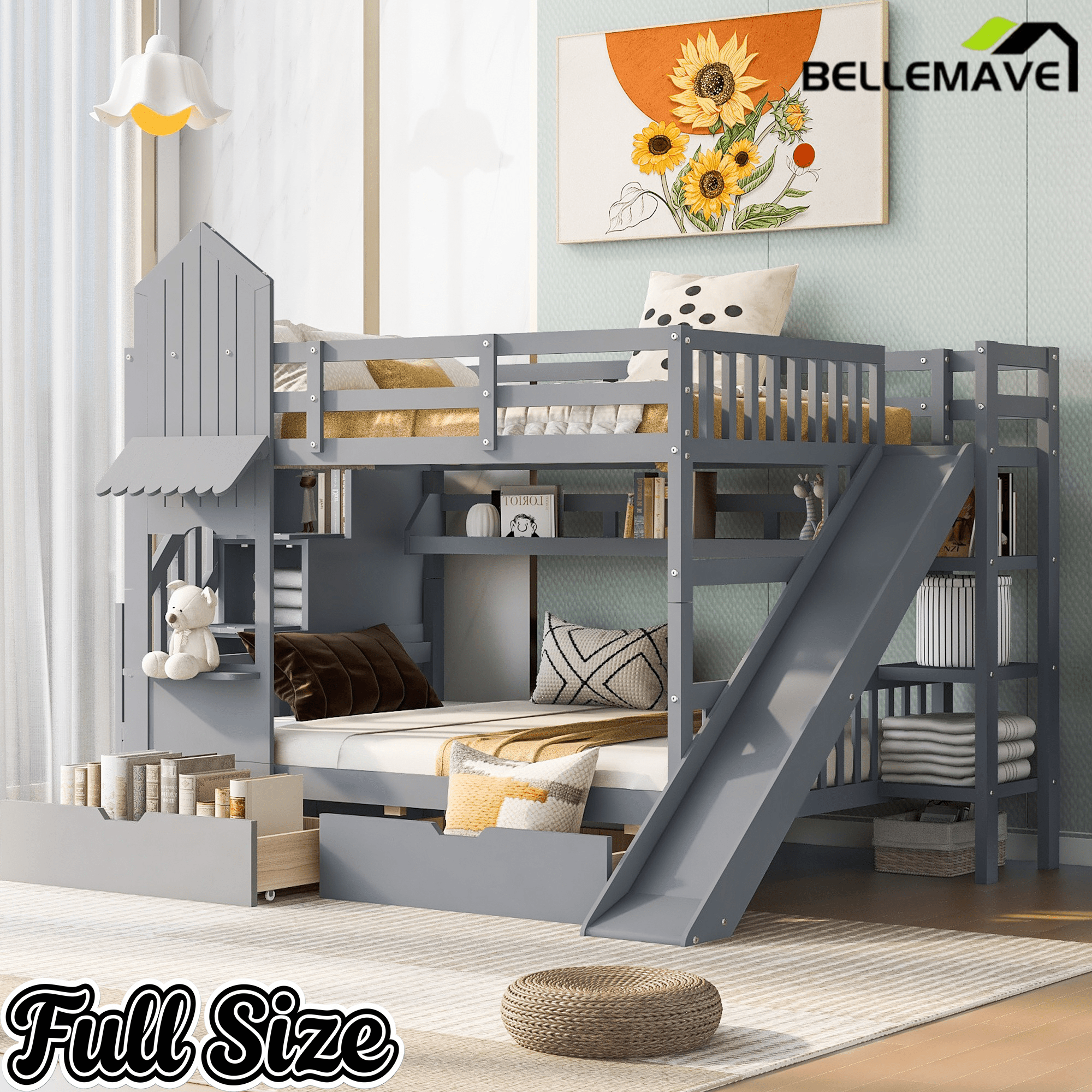 Bellemave® Twin Over Twin Kids Bunk Bed with Slide & Storage Stairs, Wooden Castle Bunk Bed with 2 Drawers and 3 Shelves for Kids Girls Boys - Bellemave