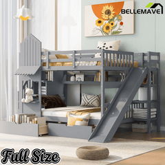 Bellemave® Twin Over Twin Kids Bunk Bed with Slide & Storage Stairs, Wooden Castle Bunk Bed with 2 Drawers and 3 Shelves for Kids Girls Boys - Bellemave