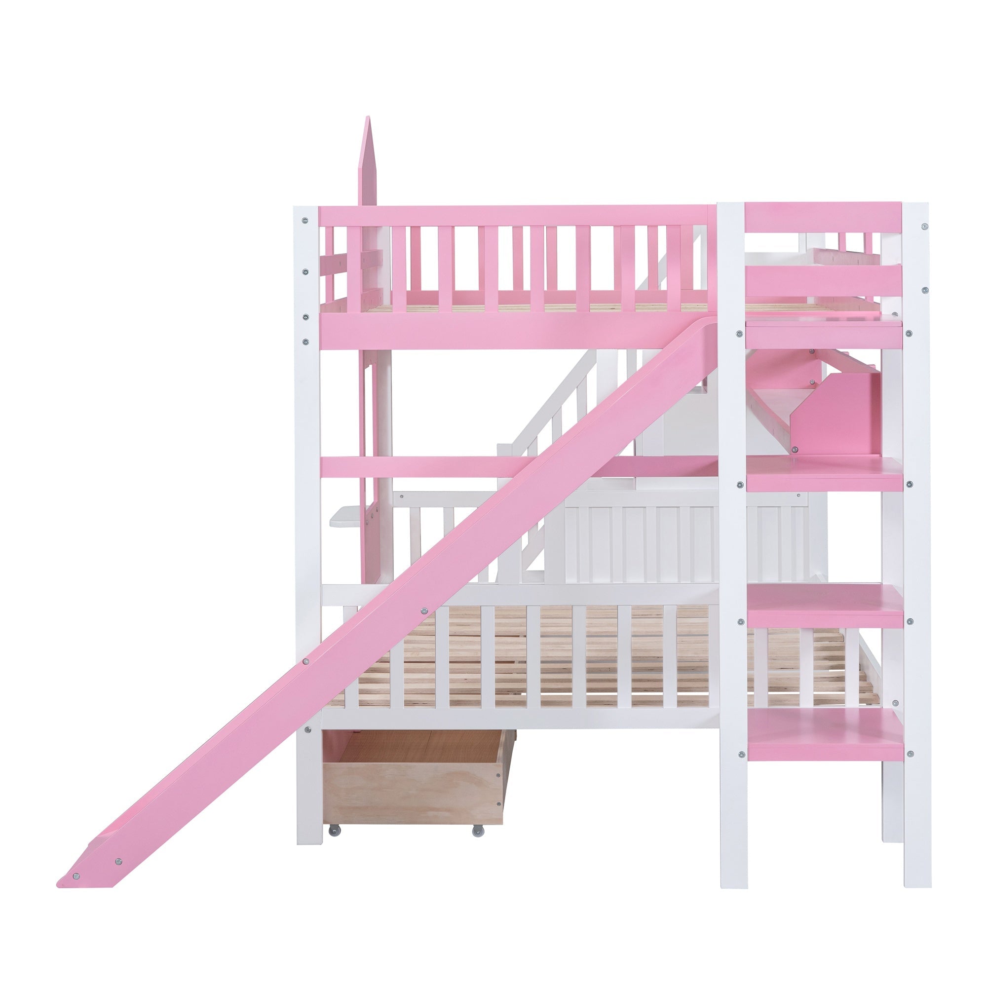 Bellemave® Twin Over Twin Kids Bunk Bed with Slide & Storage Stairs, Wooden Castle Bunk Bed with 2 Drawers and 3 Shelves for Kids Girls Boys - Bellemave