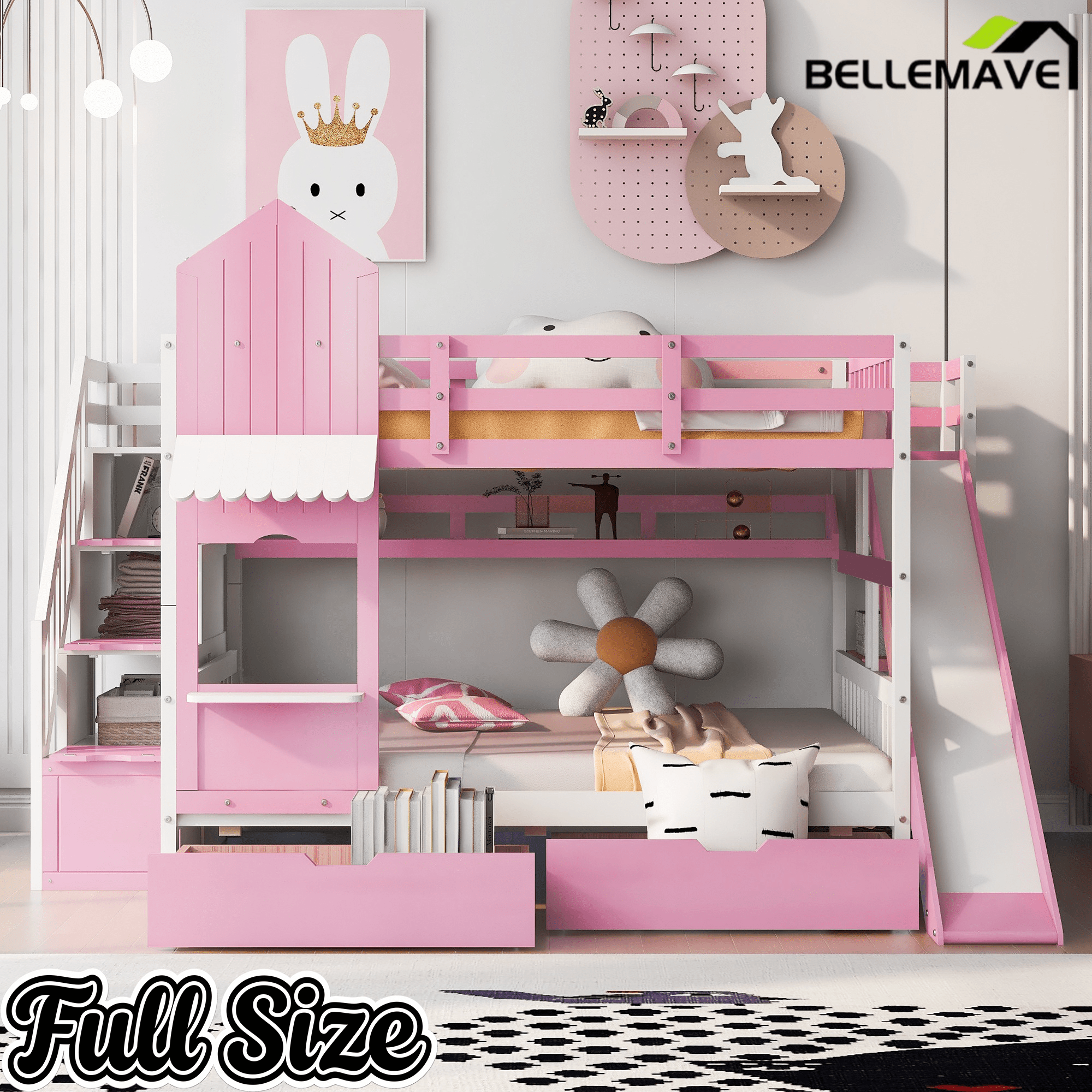 Bellemave® Twin Over Twin Kids Bunk Bed with Slide & Storage Stairs, Wooden Castle Bunk Bed with 2 Drawers and 3 Shelves for Kids Girls Boys - Bellemave