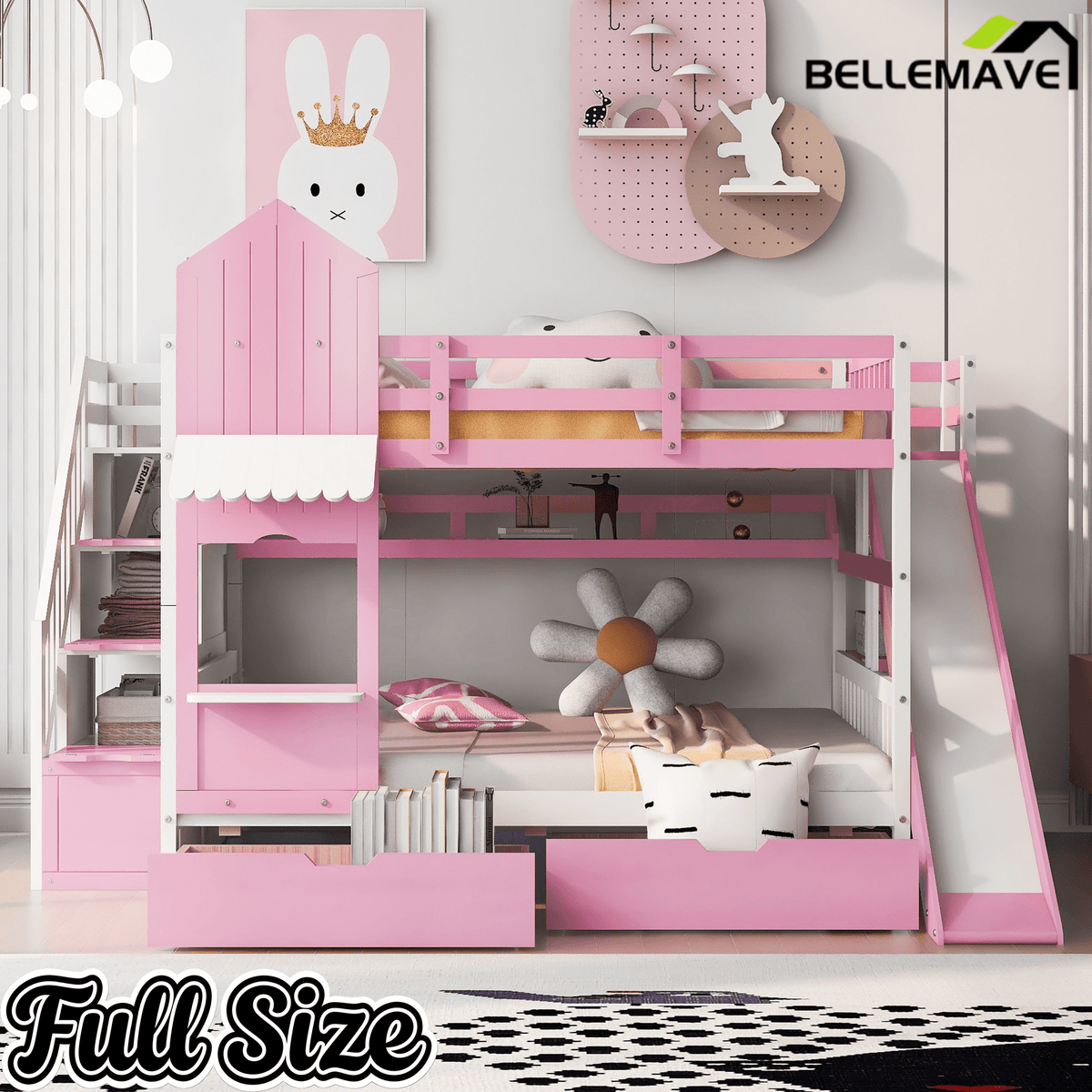 Bellemave® Twin Over Twin Kids Bunk Bed with Slide & Storage Stairs, Wooden Castle Bunk Bed with 2 Drawers and 3 Shelves for Kids Girls Boys - Bellemave