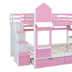 Bellemave® Twin Over Twin Kids Bunk Bed with Slide & Storage Stairs, Wooden Castle Bunk Bed with 2 Drawers and 3 Shelves for Kids Girls Boys - Bellemave