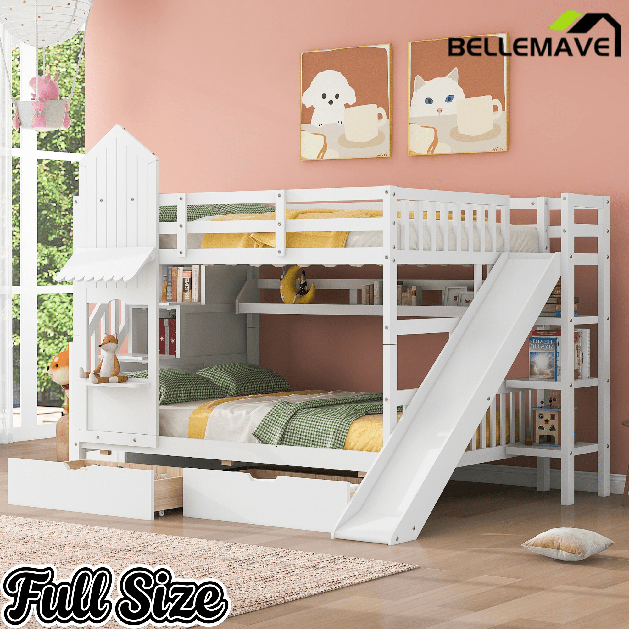 Bellemave® Twin Over Twin Kids Bunk Bed with Slide & Storage Stairs, Wooden Castle Bunk Bed with 2 Drawers and 3 Shelves for Kids Girls Boys - Bellemave