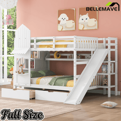 Bellemave® Twin Over Twin Kids Bunk Bed with Slide & Storage Stairs, Wooden Castle Bunk Bed with 2 Drawers and 3 Shelves for Kids Girls Boys - Bellemave