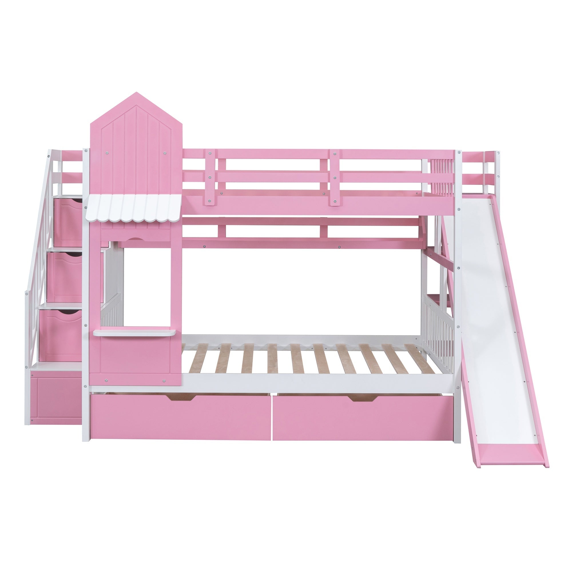 Bellemave® Twin Over Twin Kids Bunk Bed with Slide & Storage Stairs, Wooden Castle Bunk Bed with 2 Drawers and 3 Shelves for Kids Girls Boys - Bellemave
