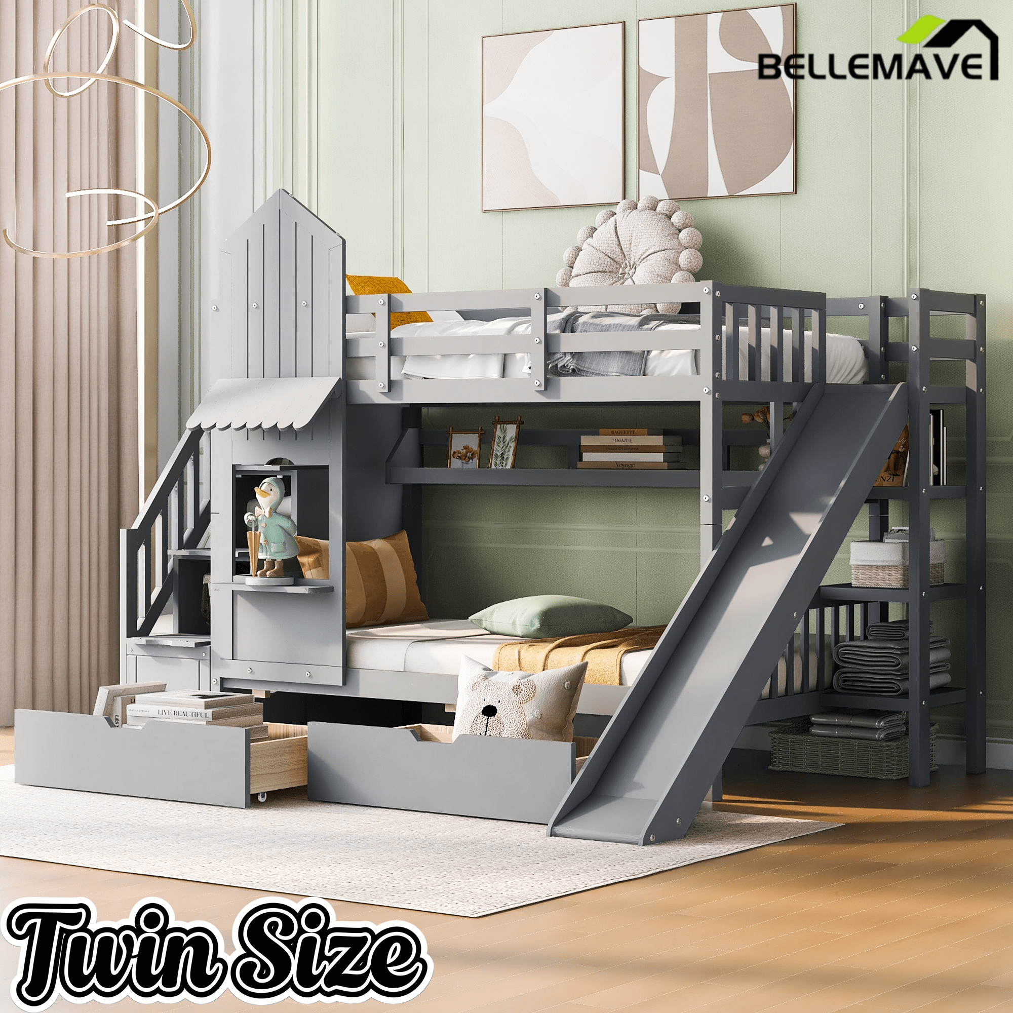 Bellemave® Twin Over Twin Kids Bunk Bed with Slide & Storage Stairs, Wooden Castle Bunk Bed with 2 Drawers and 3 Shelves for Kids Girls Boys - Bellemave